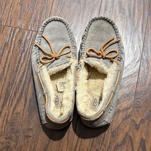 UGG Tan-Laced Gray Moccasin Slippers